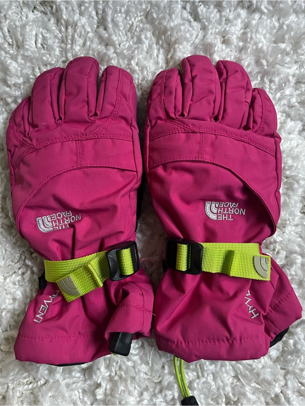 The North Face Bright Pink Kids' waterproof gloves with Neon Lime Strap